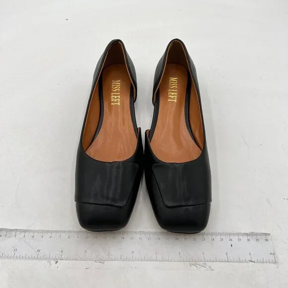 Miss Left Black Square Toe D'Orsay Pumps Low Chunky Heels Slip On Fashion Shoe - Picture 2 of 7